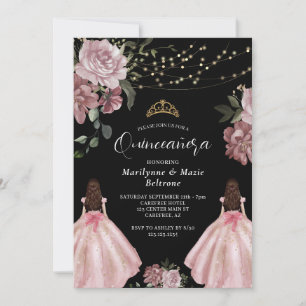 Dusty Pink Princess Floral Twins Quinceañera Invitation