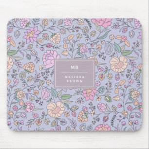 Dusty Pink Purple Blue Whimsical Colourful Floral Mouse Pad