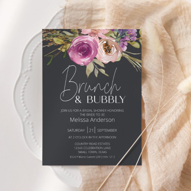 Dusty Pink Purple Floral Charcoal Bridal Brunch Invitation (Creator Uploaded)