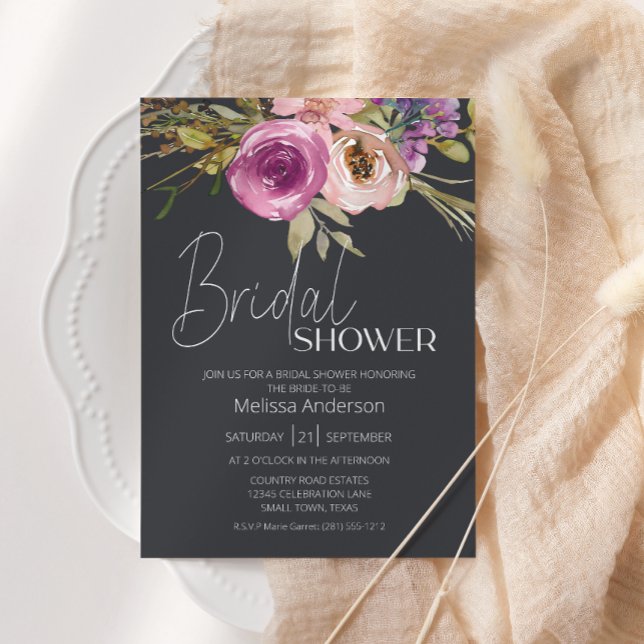 Dusty Pink Purple Floral Charcoal Bridal Shower Invitation (Creator Uploaded)