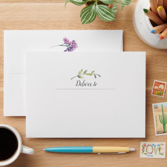 Dusty Pink Purple Floral Wedding Invitation Envelope (Desk)