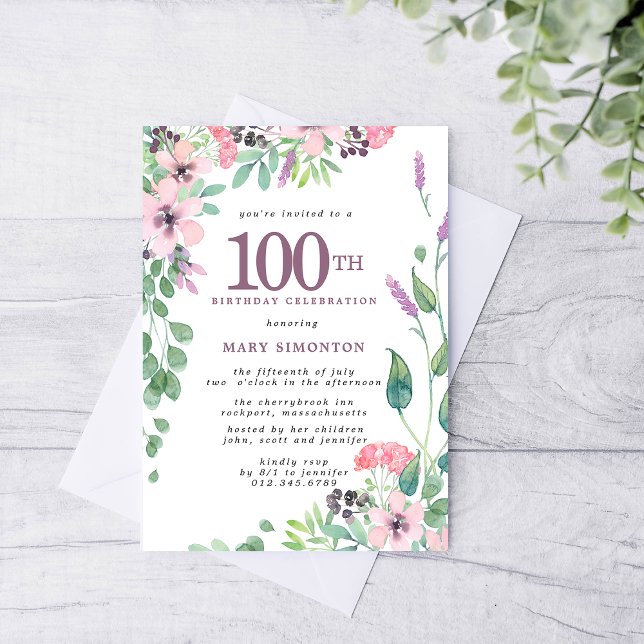 Dusty Pink Purple Wildflower 100th Birthday Invitation (Creator Uploaded)