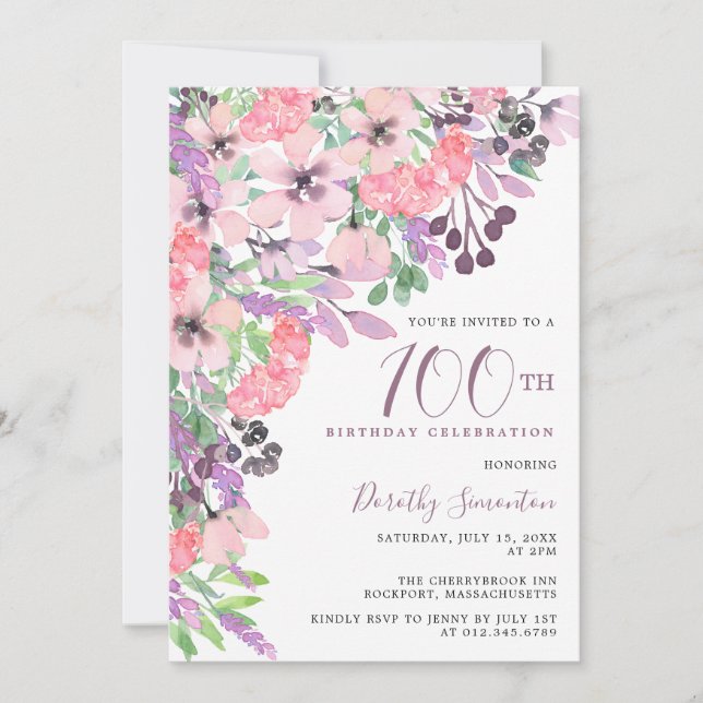 Dusty Pink Purple Wildflower 100th Birthday Invitation (Front)