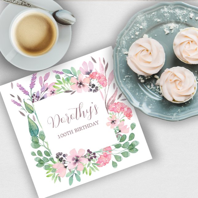 Dusty Pink Purple Wildflower 100th Birthday Party Napkin (Creator Uploaded)