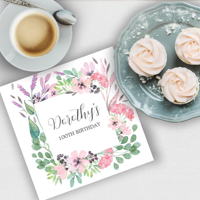 Dusty Pink Purple Wildflower 100th Birthday Party Napkin (Creator Uploaded)