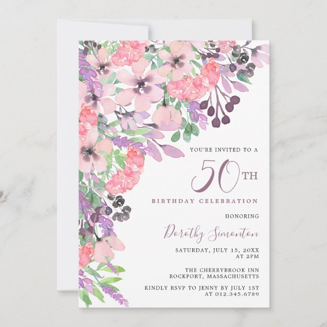 Dusty Pink Purple Wildflower 50th Birthday Invitation (Front)