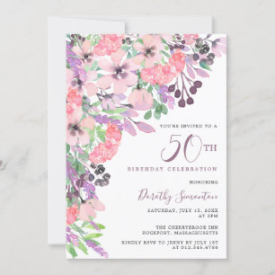 Dusty Pink Purple Wildflower 50th Birthday Invitation