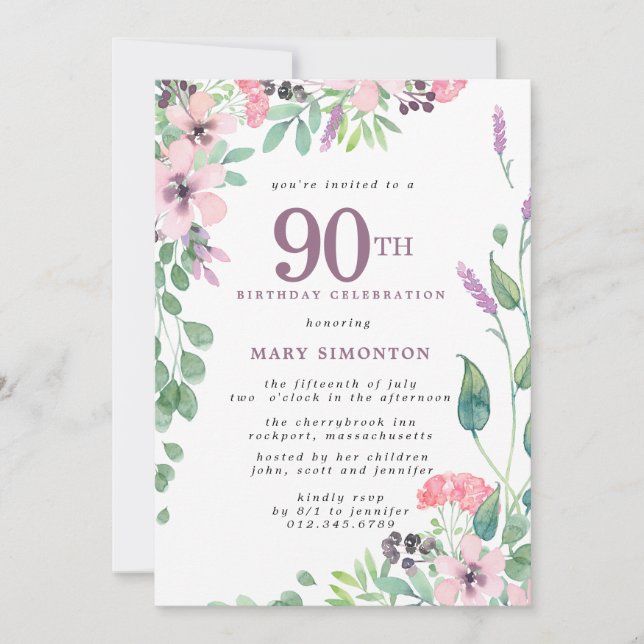 Dusty Pink Purple Wildflower 90th Birthday Invitation (Front)