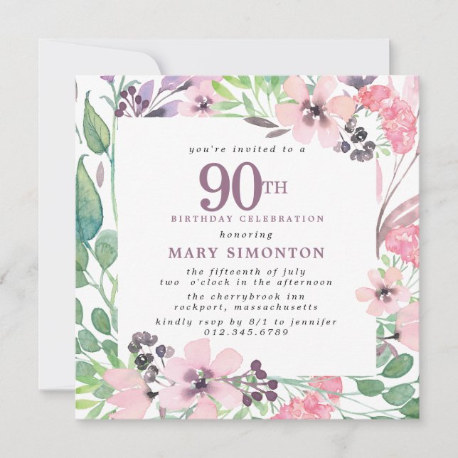Dusty Pink Purple Wildflower 90th Birthday Invitation (Front)