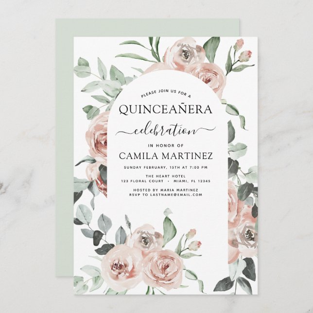 Dusty Pink Quinceañera Floral Greenery Invitation (Front/Back)