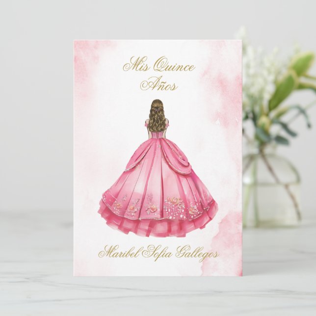 Dusty Pink Quinceanera invitation in Spanish (Standing Front)