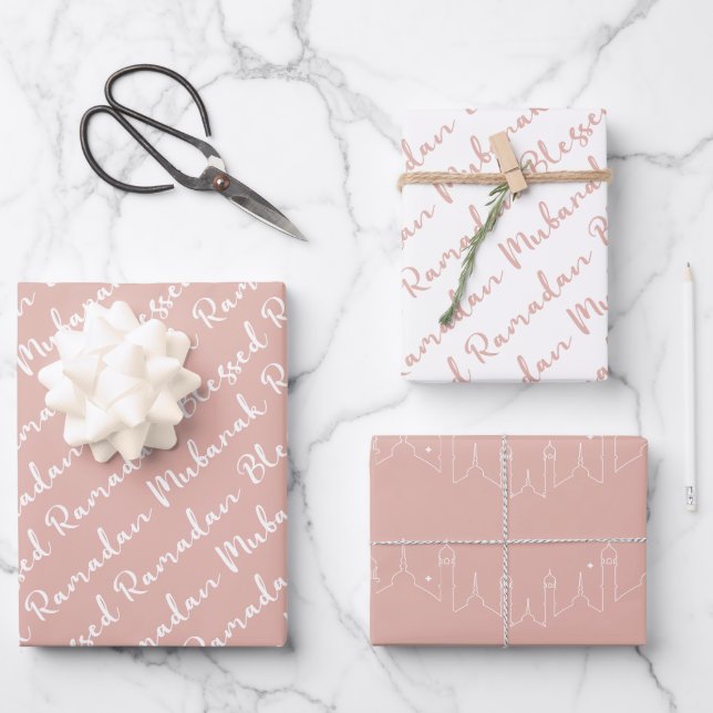 Dusty Pink Ramadan Calligraphy Masjid Pattern Wrapping Paper Sheet (Front)