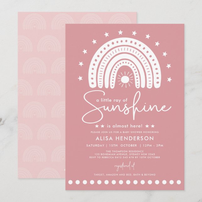 Dusty Pink Ray of Sunshine Boho Girl Baby Shower Invitation (Front/Back)