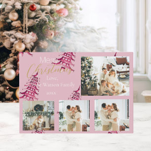 Dusty pink red Christmas Pagoda Trees 5-Photo  Holiday Card