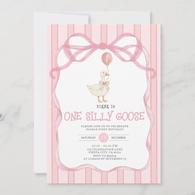 Dusty Pink Ribbon Gingham One Silly Goose Invitation (Front)