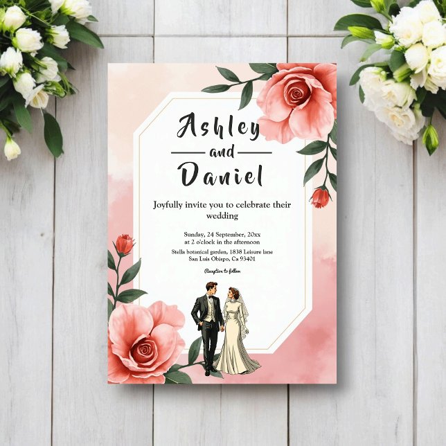 Dusty Pink Romantic Bride And Groom Floral Wedding Invitation (Creator Uploaded)