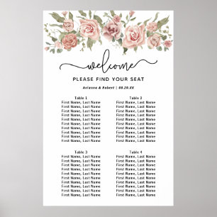 Dusty Pink Rose 4-Table Wedding Seating Chart