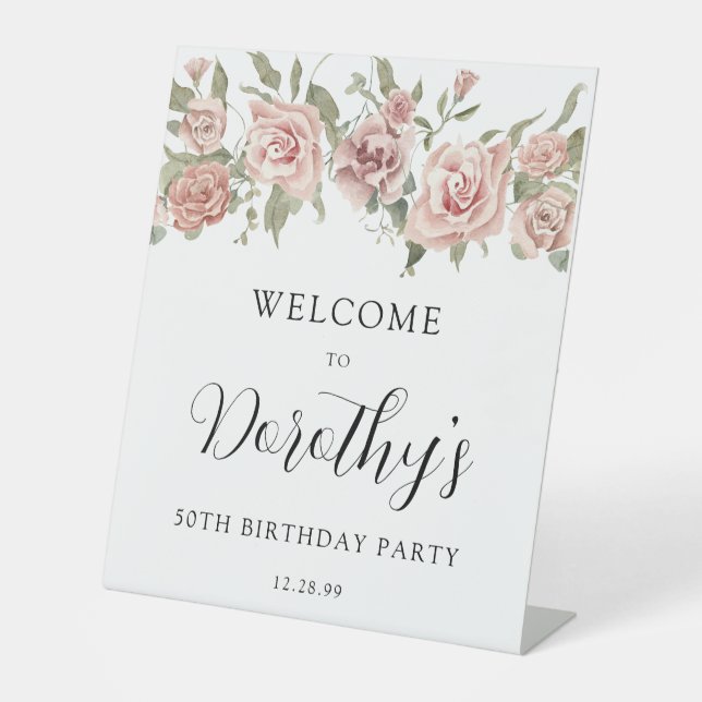 Dusty Pink Rose 50th Birthday Welcome Tabletop Pedestal Sign (Front)