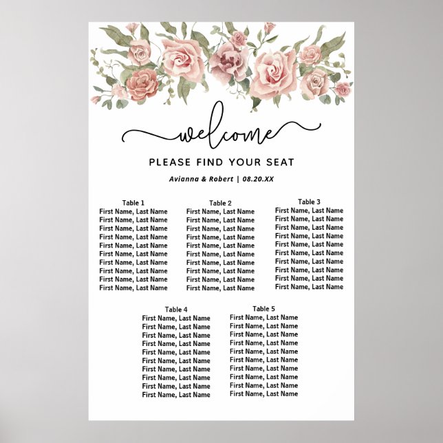 Dusty Pink Rose 5-Table Wedding Seating Chart (Front)