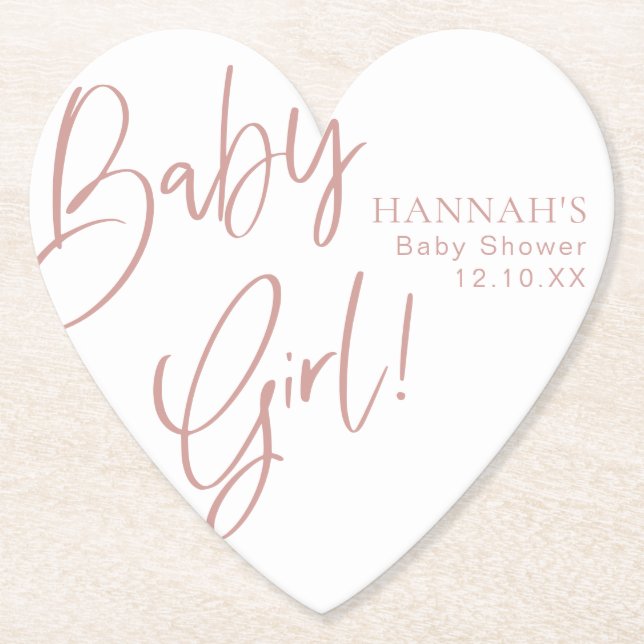 Dusty Pink/ Rose Baby Girl Baby Shower Heart Paper Coaster (Front)