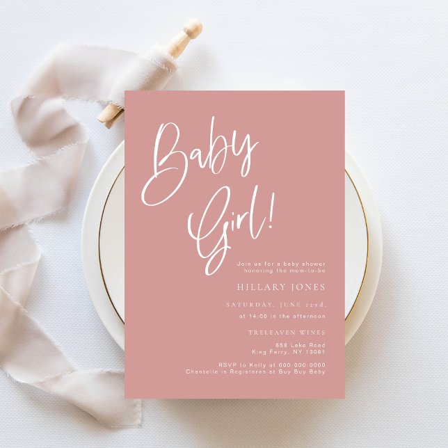 Dusty Pink/ Rose baby girl Bohemian Baby Shower Invitation (Baby girl dusty rose pink baby shower invitation)