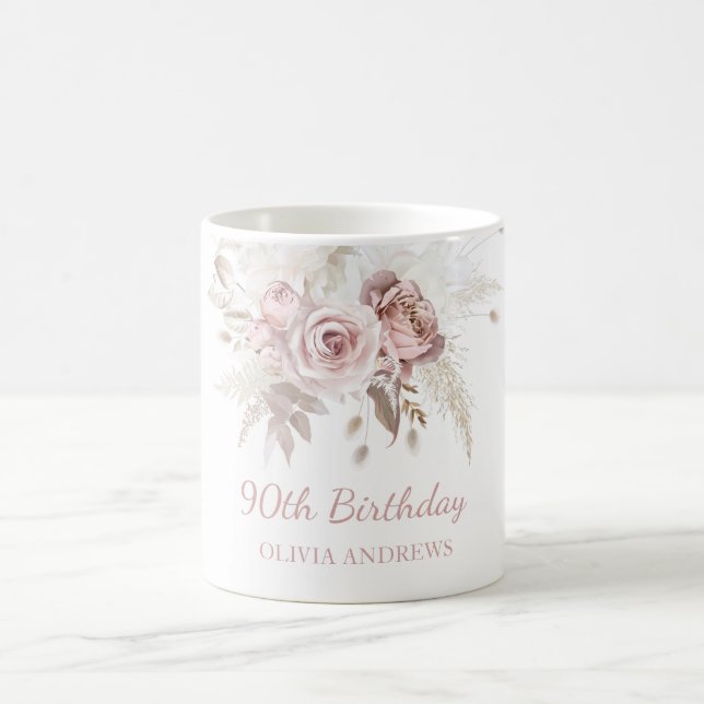 Dusty Pink Rose Blush 90th Birthday Party Gift Coffee Mug (Center)