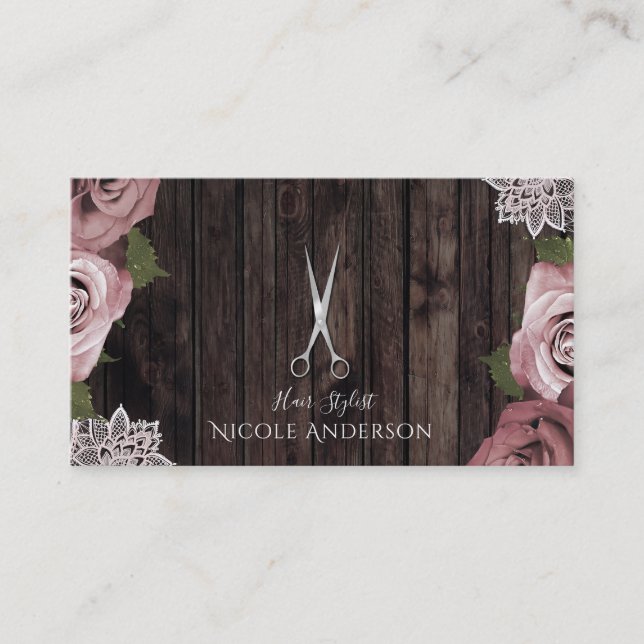 Dusty Pink Rose Chic Salon Hair Stylist Scissors Business Card (Front)