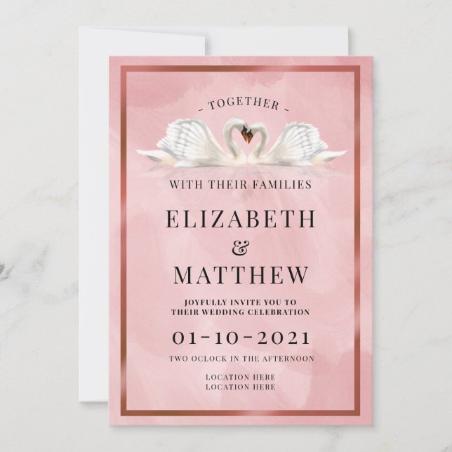 Dusty Pink Rose Colour Theme with Swans Wedding Invitation (Front)