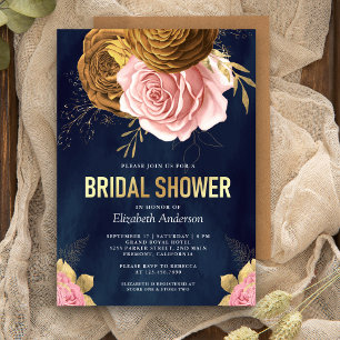 Dusty Pink Rose Earthy Floral Navy Bridal Shower Invitation