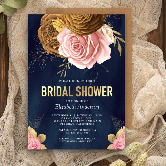 Dusty Pink Rose Earthy Floral Navy Bridal Shower Invitation (Creator Uploaded)
