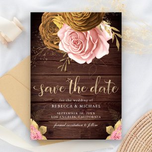Dusty Pink Rose Earthy Floral Wood Wedding Save The Date