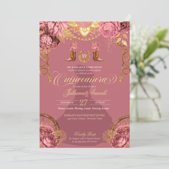 Dusty Pink Rose Elegant Western Charro Quinceanera Invitation (Standing Front)