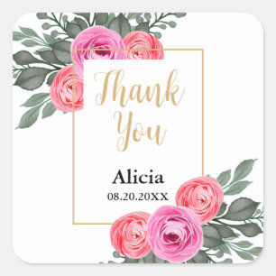Dusty Pink Rose Flora Greenery Gold Thank You Square Sticker