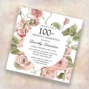 Dusty Pink Rose Floral 100th Birthday Invitation