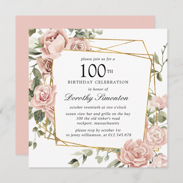Dusty Pink Rose Floral 100th Birthday Invitation (Front/Back)