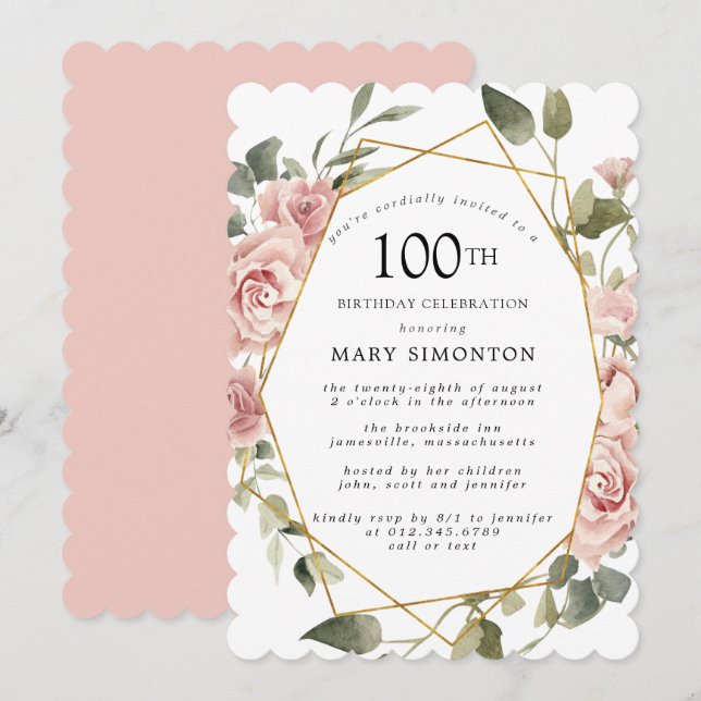 Dusty Pink Rose Floral 100th Birthday Party Invitation (Front/Back)