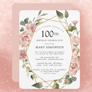 Dusty Pink Rose Floral 100th Birthday Party Invitation
