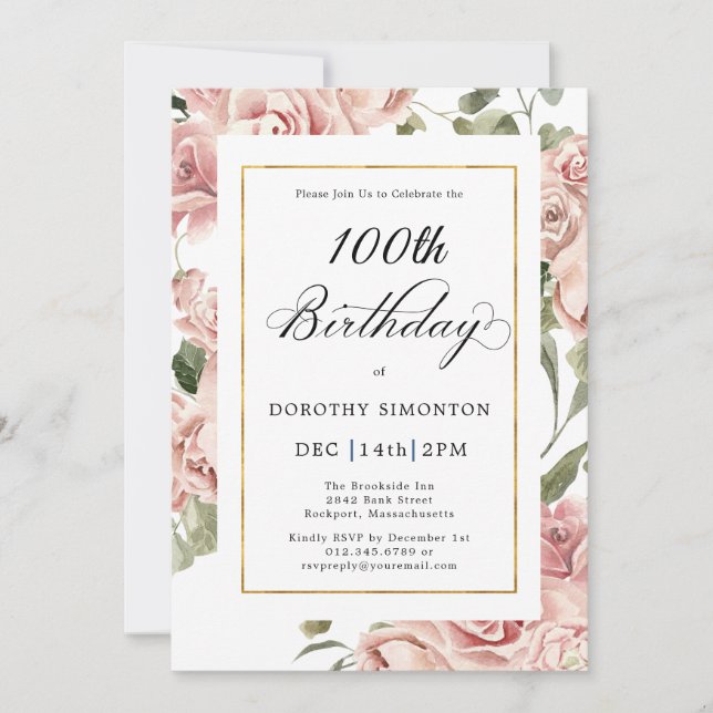 Dusty Pink Rose Floral 100th Birthday Party Invitation (Front)