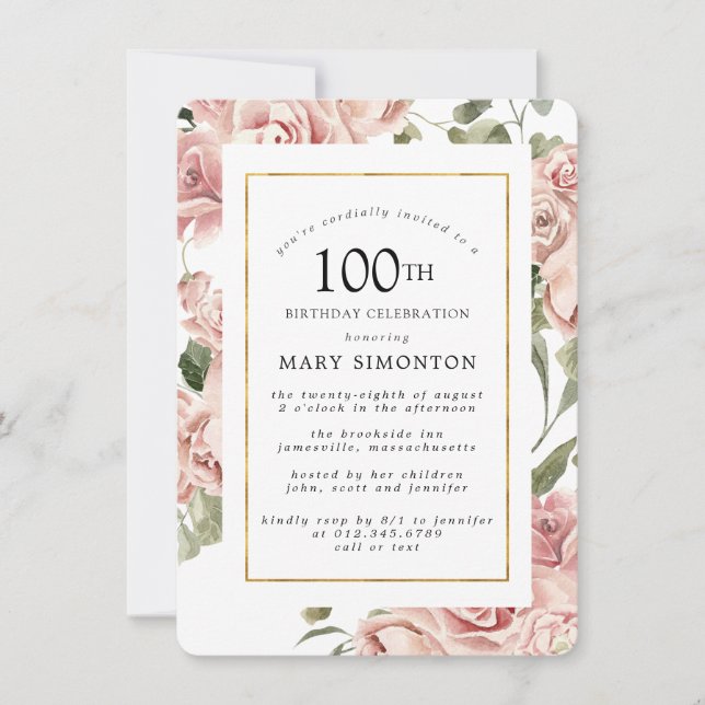 Dusty Pink Rose Floral 100th Gold Birthday Party Invitation (Front)