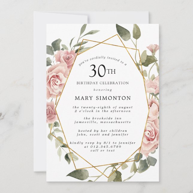 Dusty Pink Rose Floral 30th Birthday Party Invitation (Front)