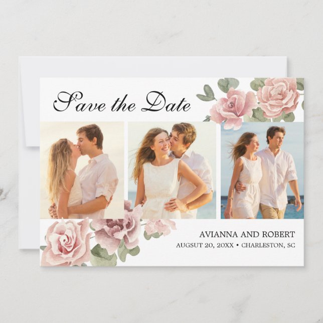 Dusty Pink Rose Floral 3 Photo Modern Wedding Save The Date (Front)