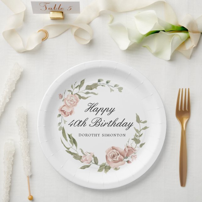 Dusty Pink Rose Floral 40th Birthday  Paper Plate (Wedding)