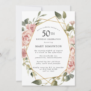 Dusty Pink Rose Floral 50th Birthday Party Invitation