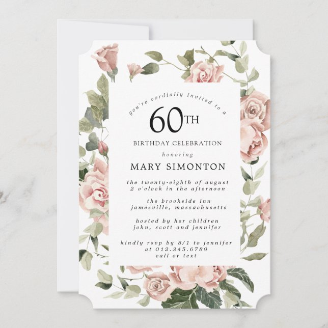 Dusty Pink Rose Floral 60th Birthday Party Invitation (Front)