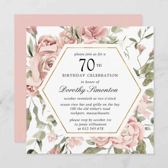 Dusty Pink Rose Floral 70th Birthday Invitation (Front/Back)