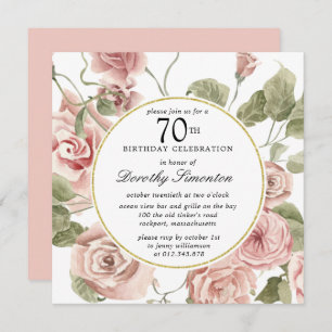 Dusty Pink Rose Floral 70th Birthday Invitation