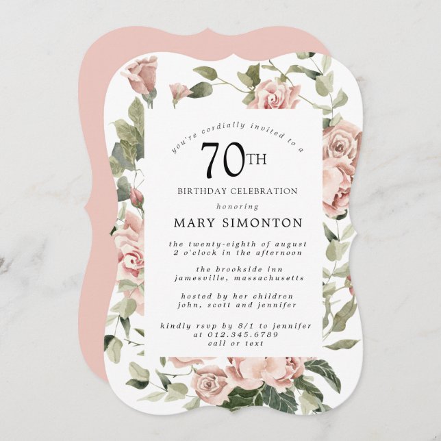 Dusty Pink Rose Floral 70th Birthday Party Invitat Invitation (Front/Back)
