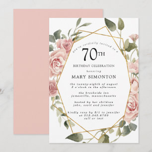 Dusty Pink Rose Floral 70th Birthday Party Invitation