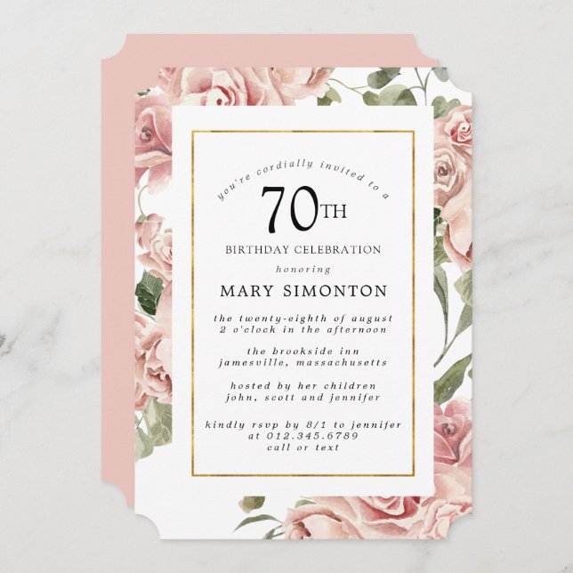 Dusty Pink Rose Floral 70th Gold Birthday Party Invitation (Front/Back)