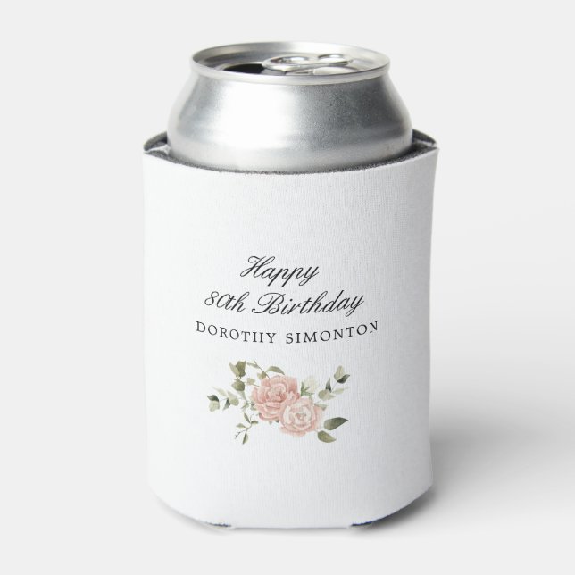 Dusty Pink Rose Floral 80th Birthday  Can Cooler (Can Front)